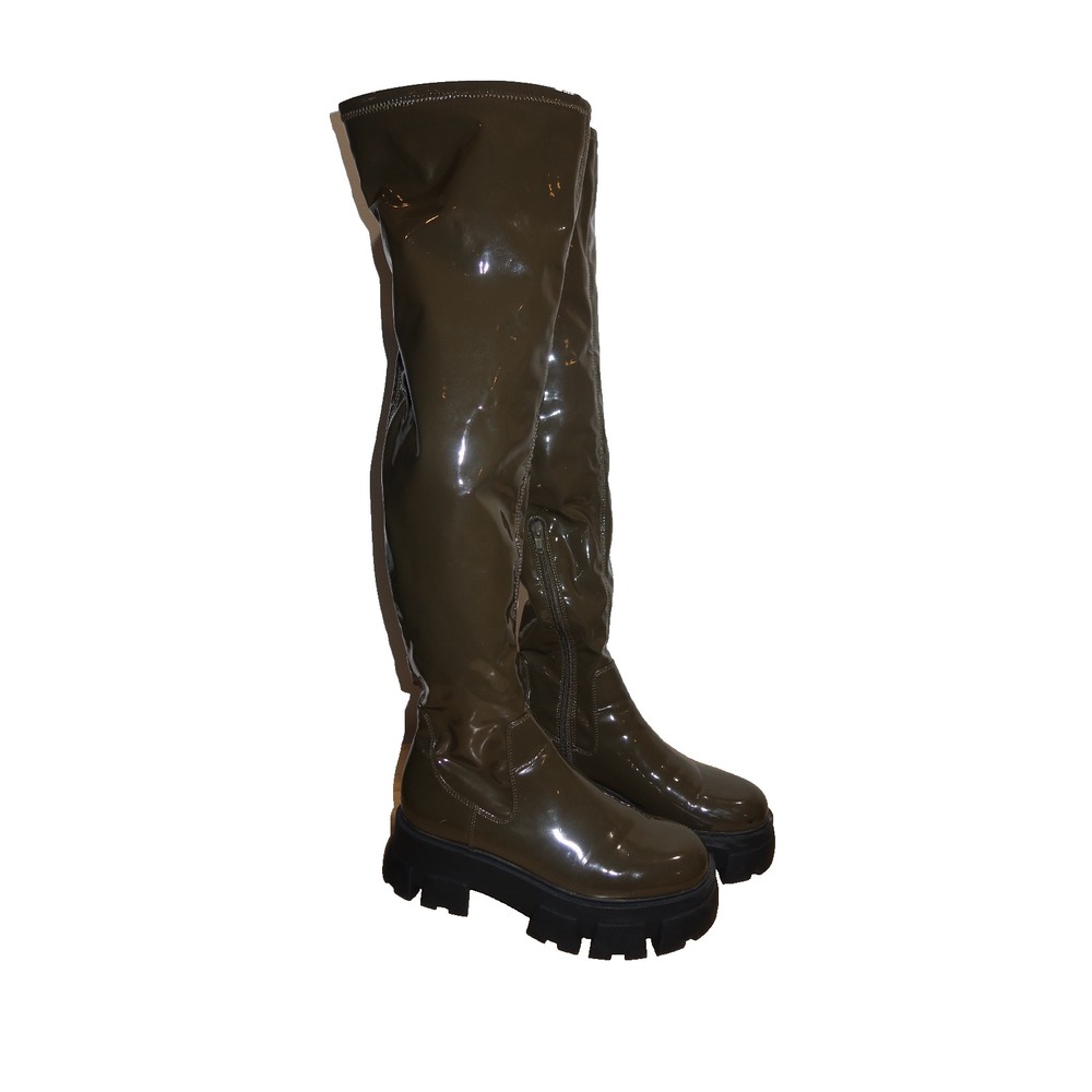 ALDO Olive Patent Knee High Platform Lug Boots Y2K women size 8